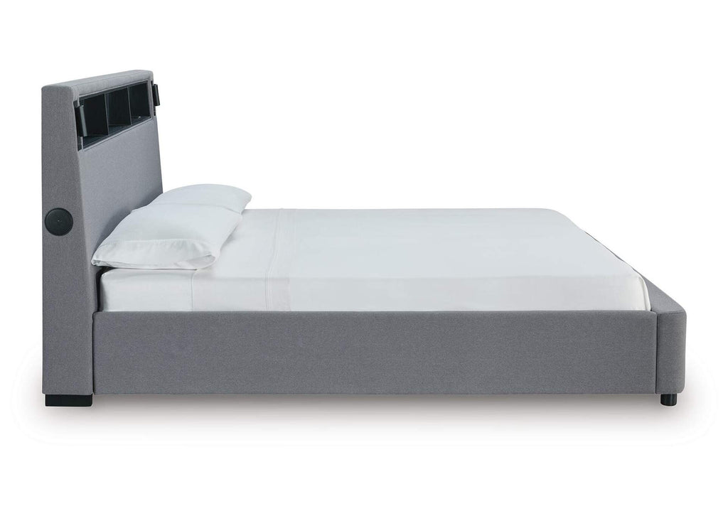 Verishaw King Upholstered Bed with Wireless Audio side view