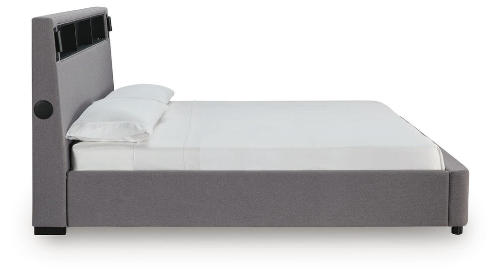 Finigale California King Upholstered Bed with Wireless Audio in Gray, side view