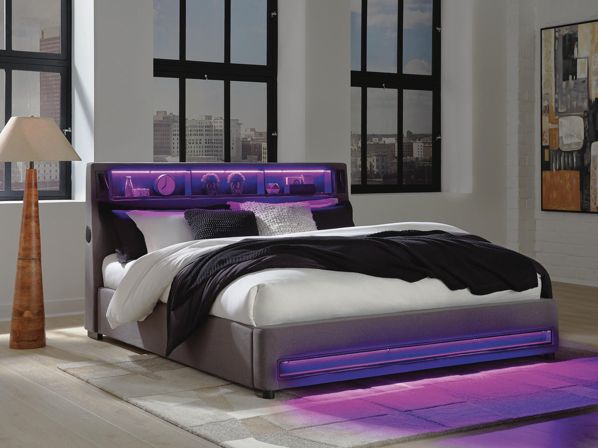 Finigale California King Upholstered Bed with Wireless Audio in Gray, lifestyle view