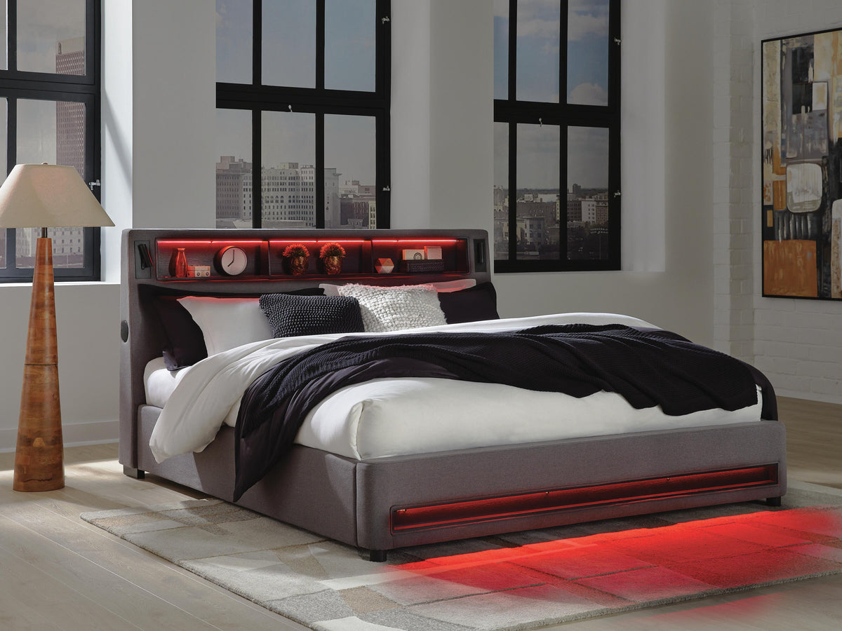 Finigale California King Upholstered Bed with Wireless Audio in Gray, lifestyle view