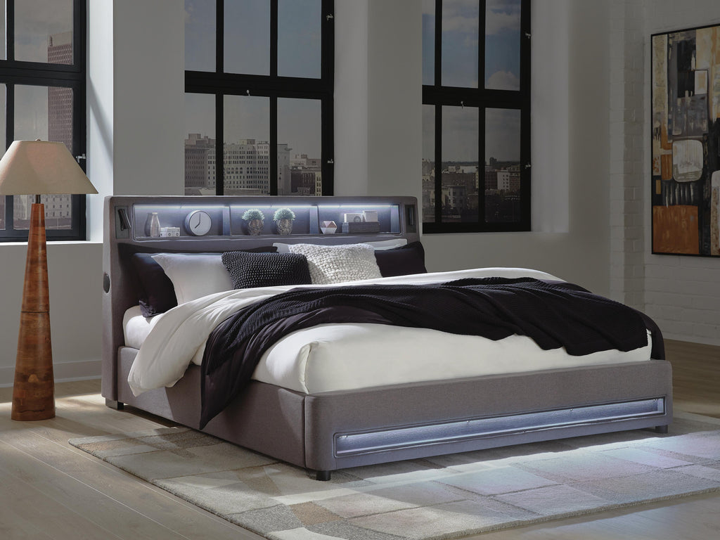 Finigale California King Upholstered Bed with Wireless Audio in Gray, lifestyle view