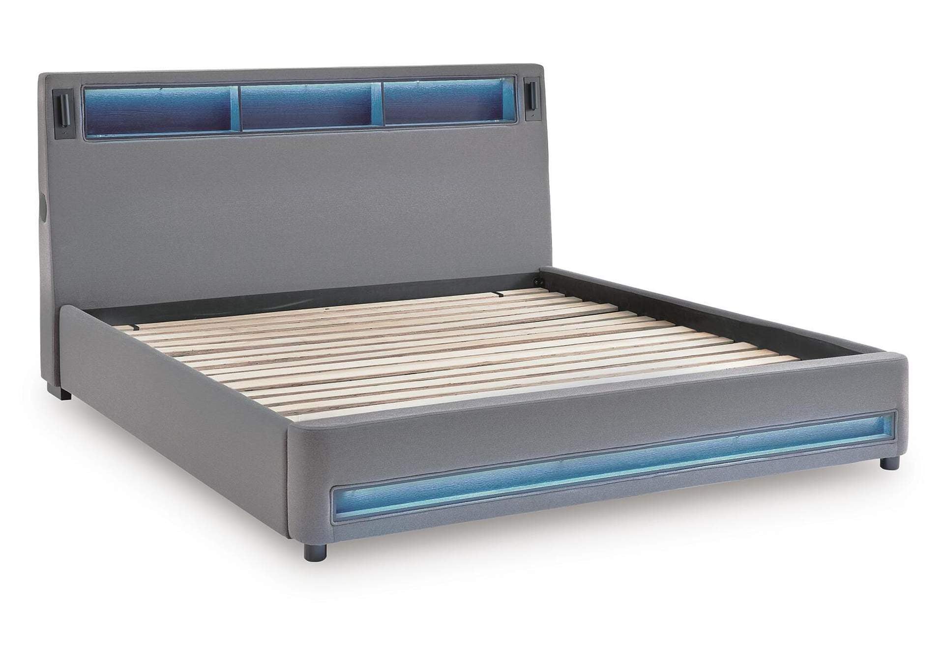 Verishaw King Upholstered Bed with Wireless Audio angled view