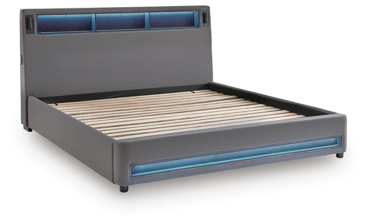 Finigale California King Upholstered Bed with Wireless Audio in Gray, angle view