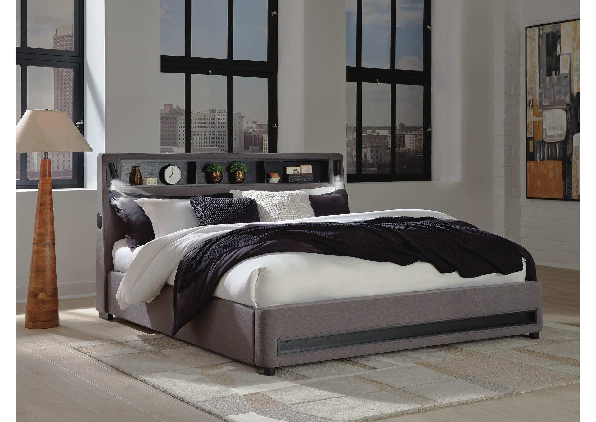 Verishaw King Upholstered Bed with Wireless Audio