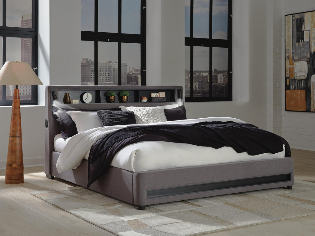 Finigale California King Upholstered Bed with Wireless Audio in Gray, lifestyle view