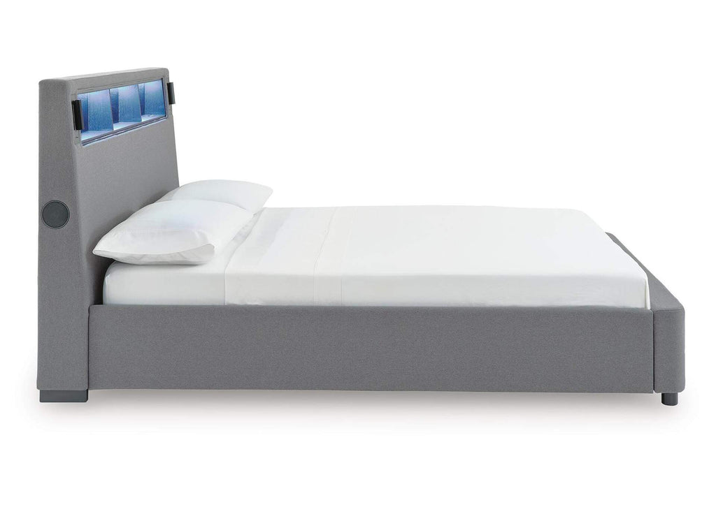 Verishaw King Upholstered Bed with Wireless Audio side view