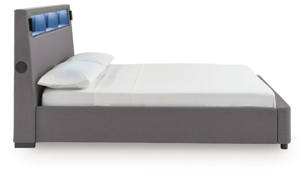 Finigale California King Upholstered Bed with Wireless Audio in Gray, side view