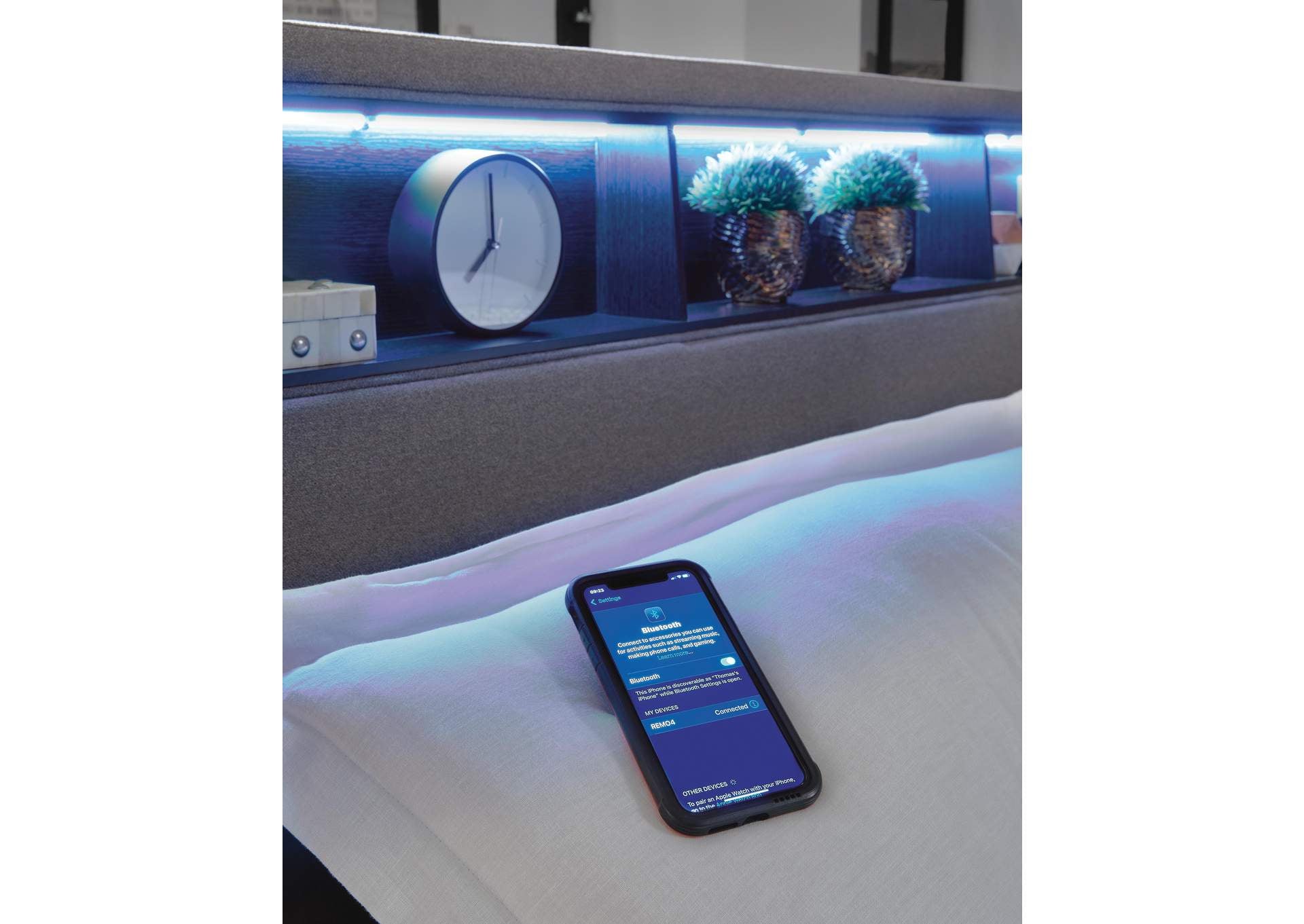 Verishaw King Upholstered Bed with Wireless Audio