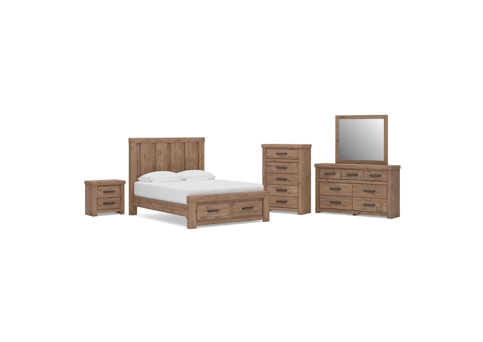 Garistyn Queen Panel Storage Bed, Dresser, Mirror, Chest and Nightstand