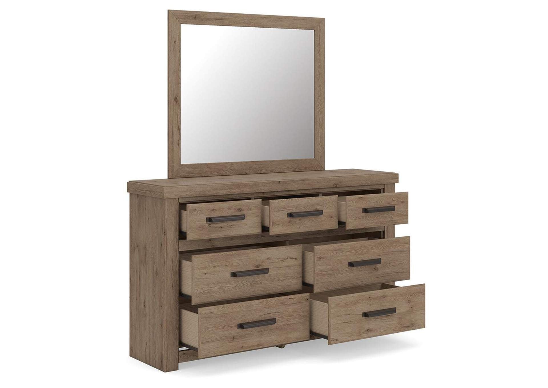 Garistyn King Panel Storage Bed, Dresser and Mirror angled view