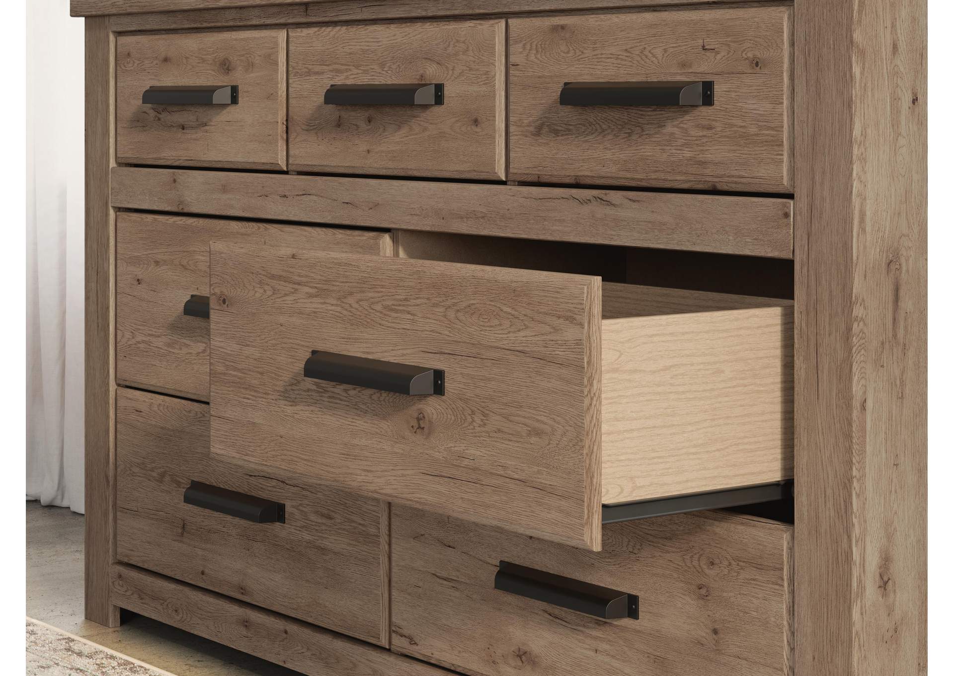 Garistyn King Panel Storage Bed, Dresser and Mirror detail