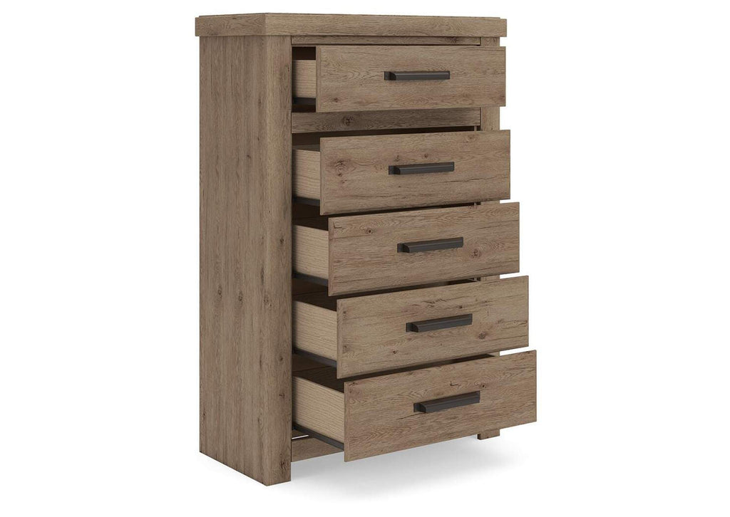Garistyn Queen Panel Storage Bed, Dresser and Chest angled view