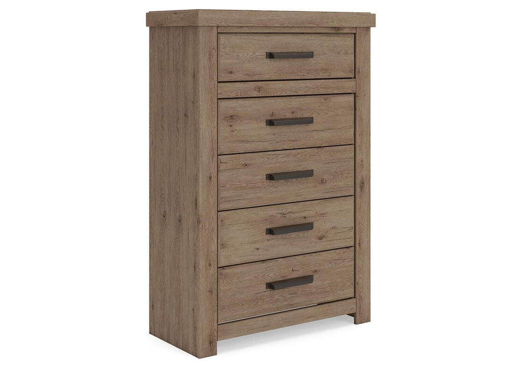Garistyn Queen Panel Storage Bed, Chest and Nightstand angled view