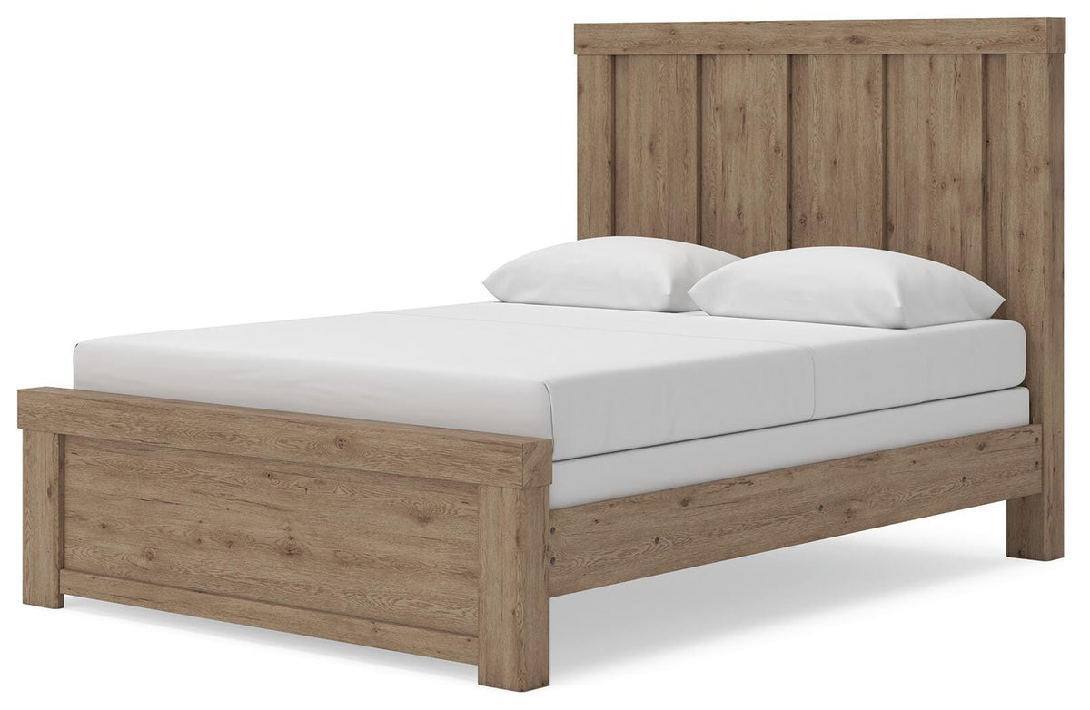 Oliandon Queen Panel Bed in Light Brown, angle view