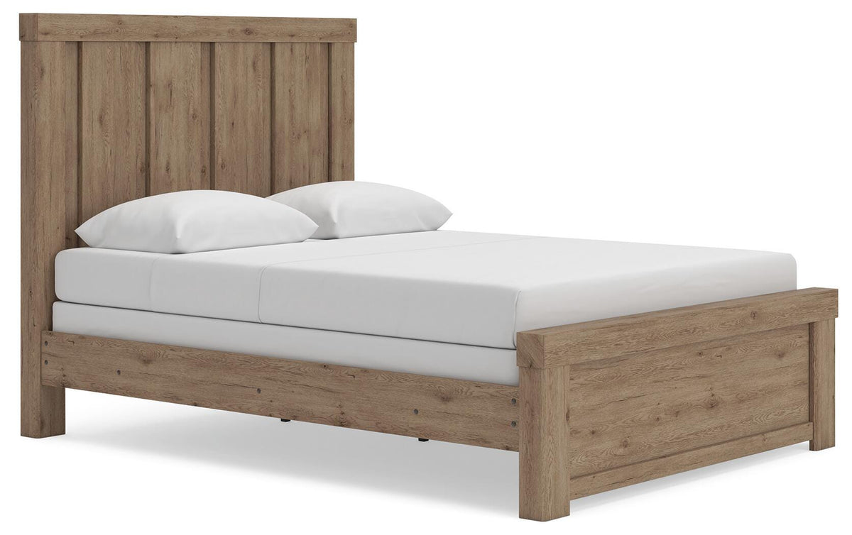 Oliandon Queen Panel Bed in Light Brown, angle view