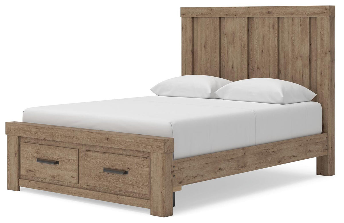 Oliandon Queen Panel Storage Bed in Light Brown, angle view