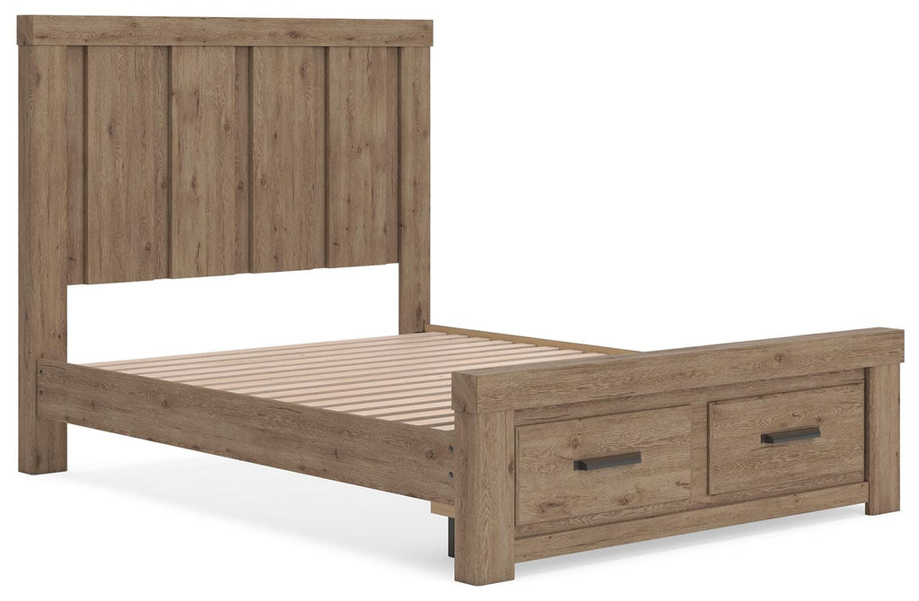 Oliandon Queen Panel Storage Bed in Light Brown, angle view