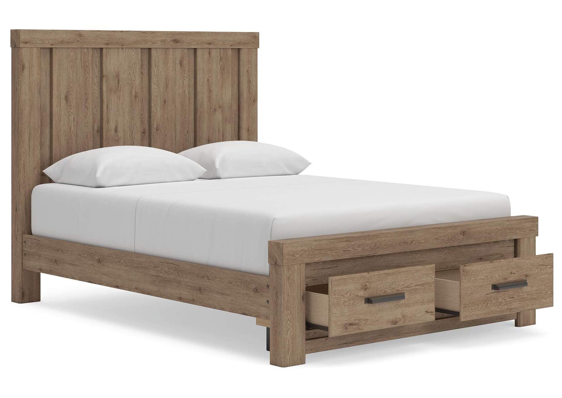 Garistyn Queen Panel Storage Bed. Dresser, Mirror and Nightstand angled view