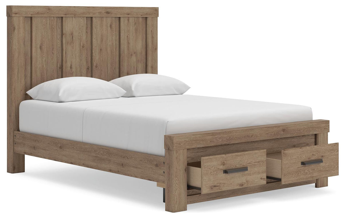 Oliandon Queen Panel Storage Bed in Light Brown, open view