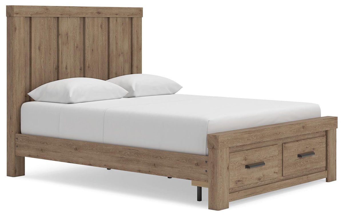 Oliandon Queen Panel Storage Bed in Light Brown, angle view