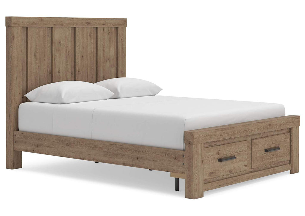 Garistyn Queen Panel Storage Bed, Dresser and Mirror angled view