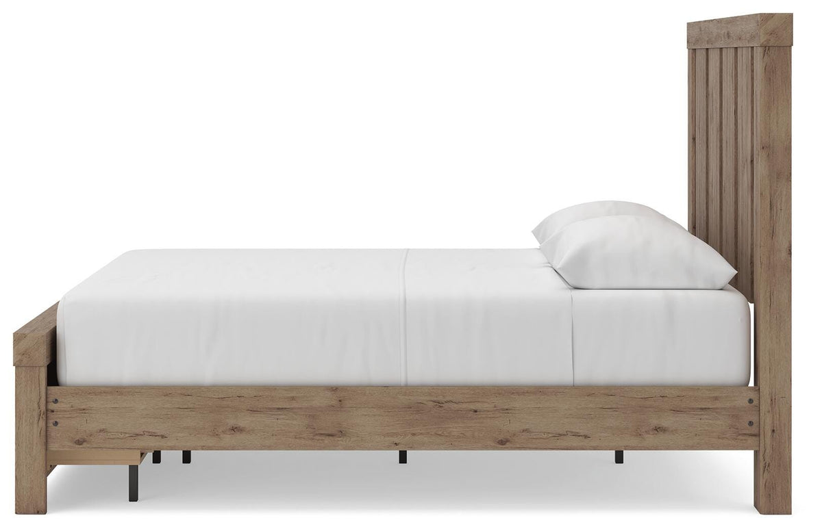 Oliandon Queen Panel Storage Bed in Light Brown, alternate side view