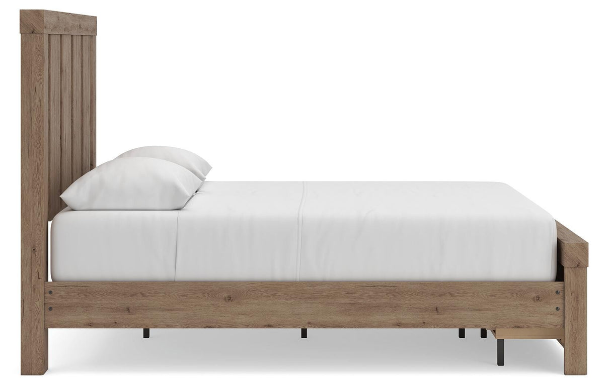 Oliandon Queen Panel Storage Bed in Light Brown, side view