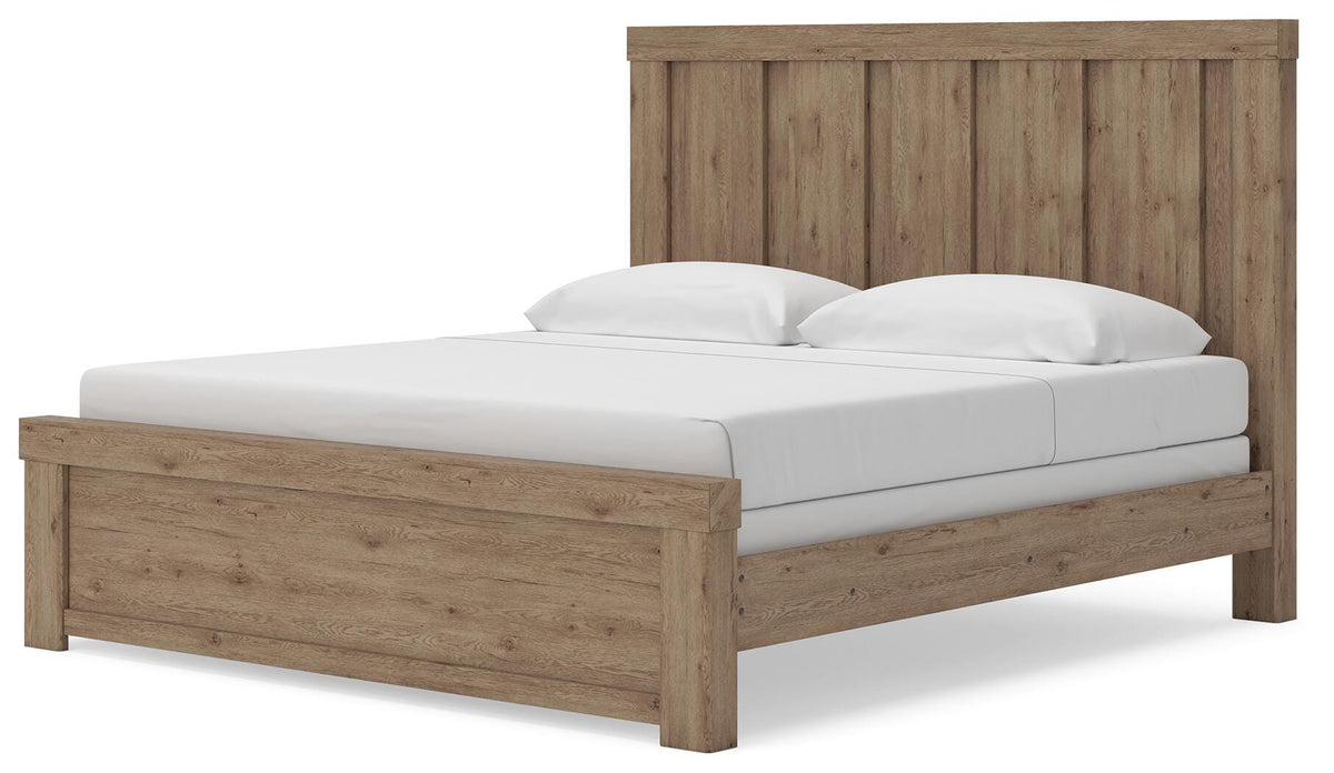 Oliandon King Panel Bed in Light Brown, angle view