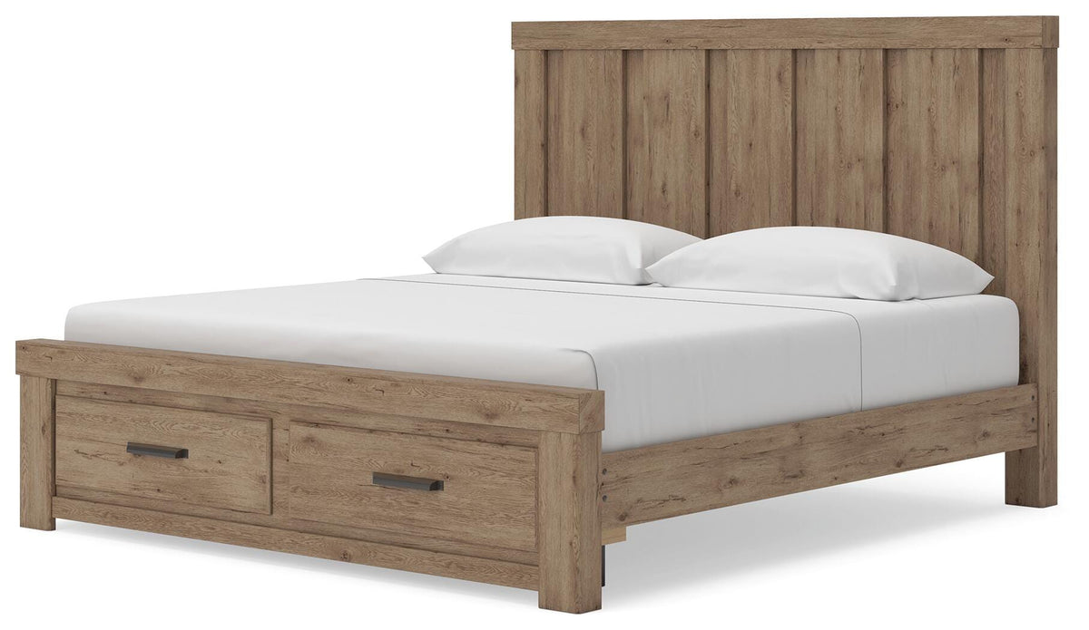 Oliandon King Panel Storage Bed in Light Brown, angle view