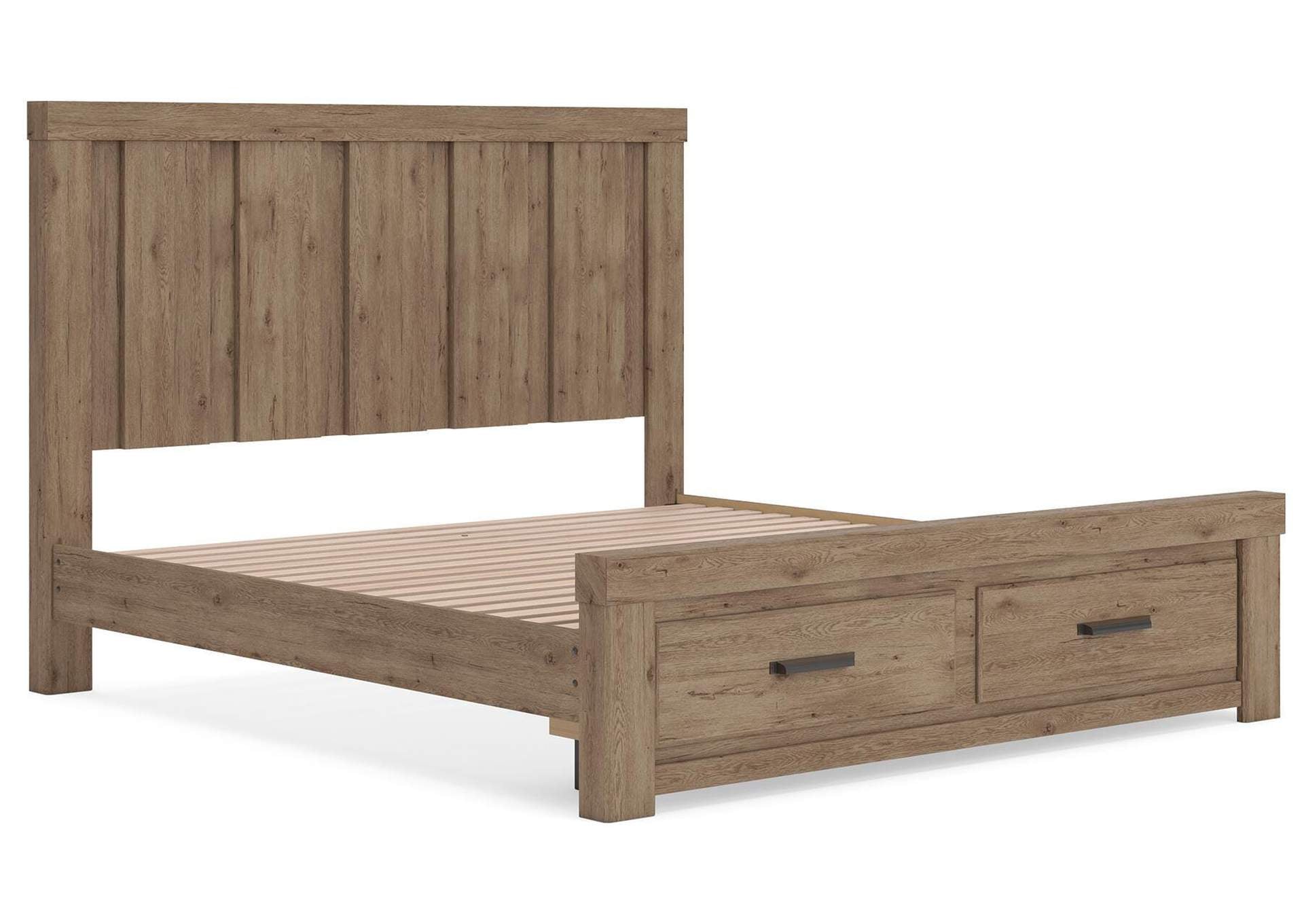 Garistyn King Panel Storage Bed, Dresser and Mirror angled view