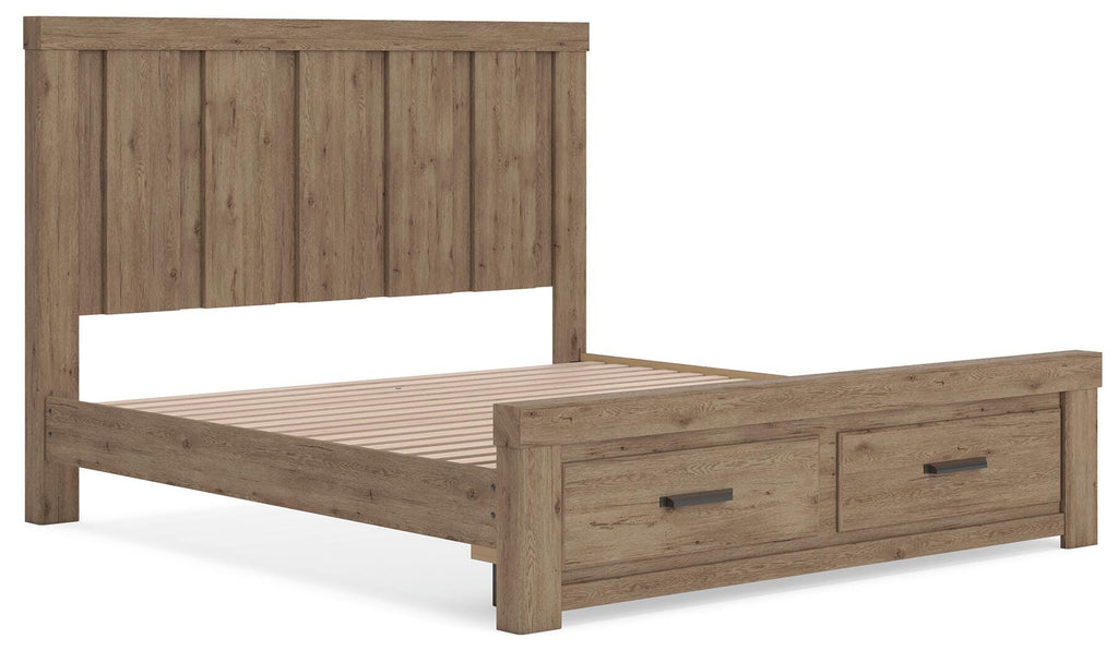 Oliandon King Panel Storage Bed in Light Brown, angle view