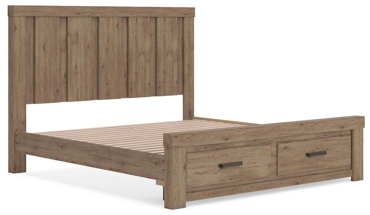 Oliandon King Panel Storage Bed in Light Brown, angle view