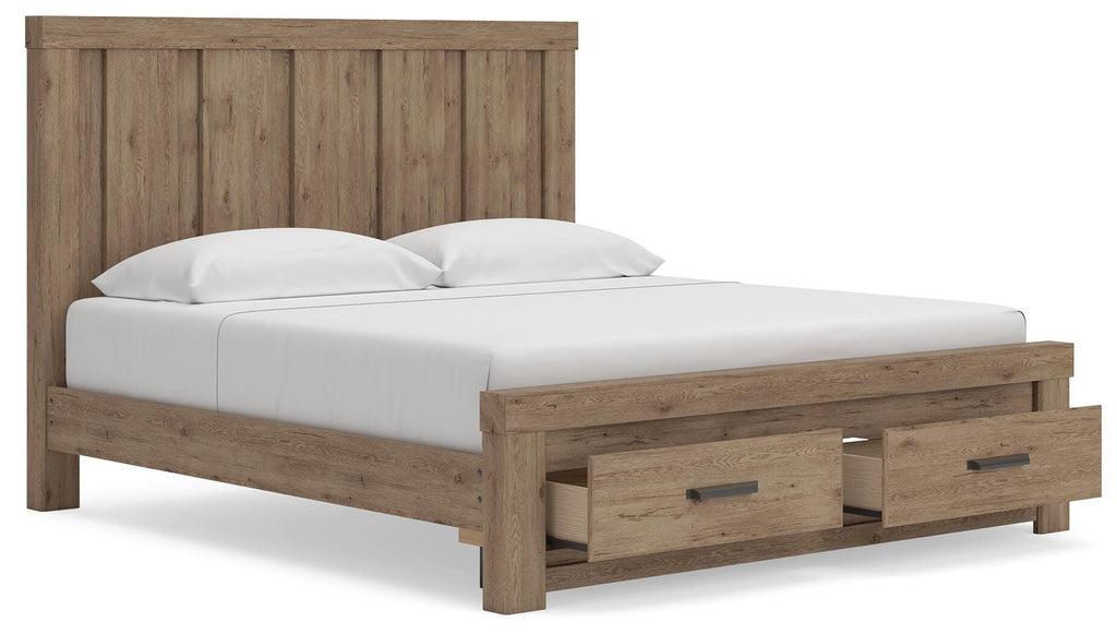 Oliandon King Panel Storage Bed in Light Brown, open view