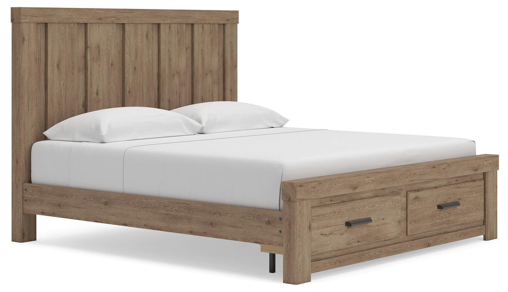 Oliandon King Panel Storage Bed in Light Brown, angle view