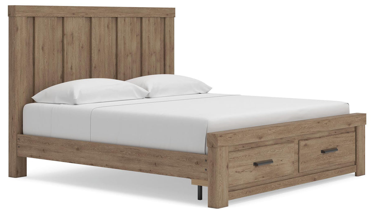 Oliandon King Panel Storage Bed in Light Brown, angle view