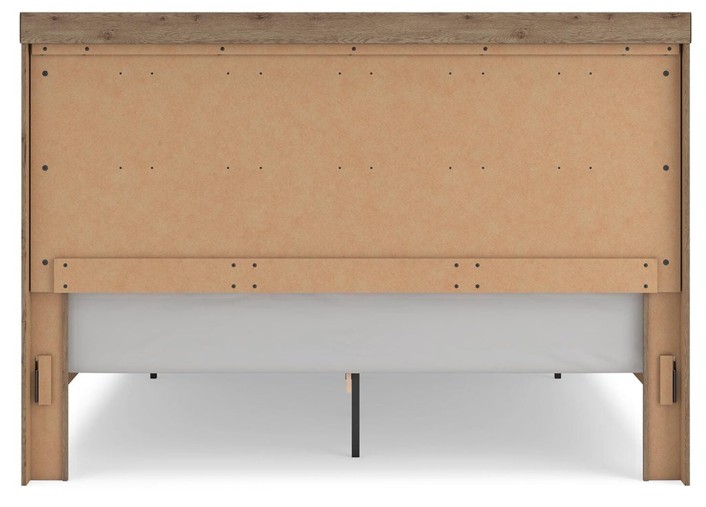 Oliandon King Panel Storage Bed in Light Brown, back view