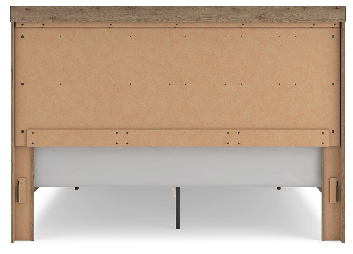 Oliandon King Panel Storage Bed in Light Brown, back view