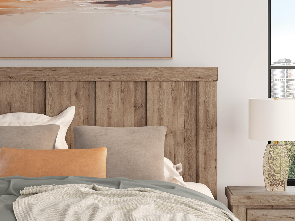 Oliandon King Panel Storage Bed in Light Brown, detail view