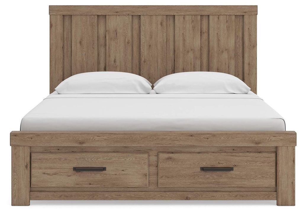 Garistyn King Panel Storage Bed. Dresser, Mirror and Nightstand front view
