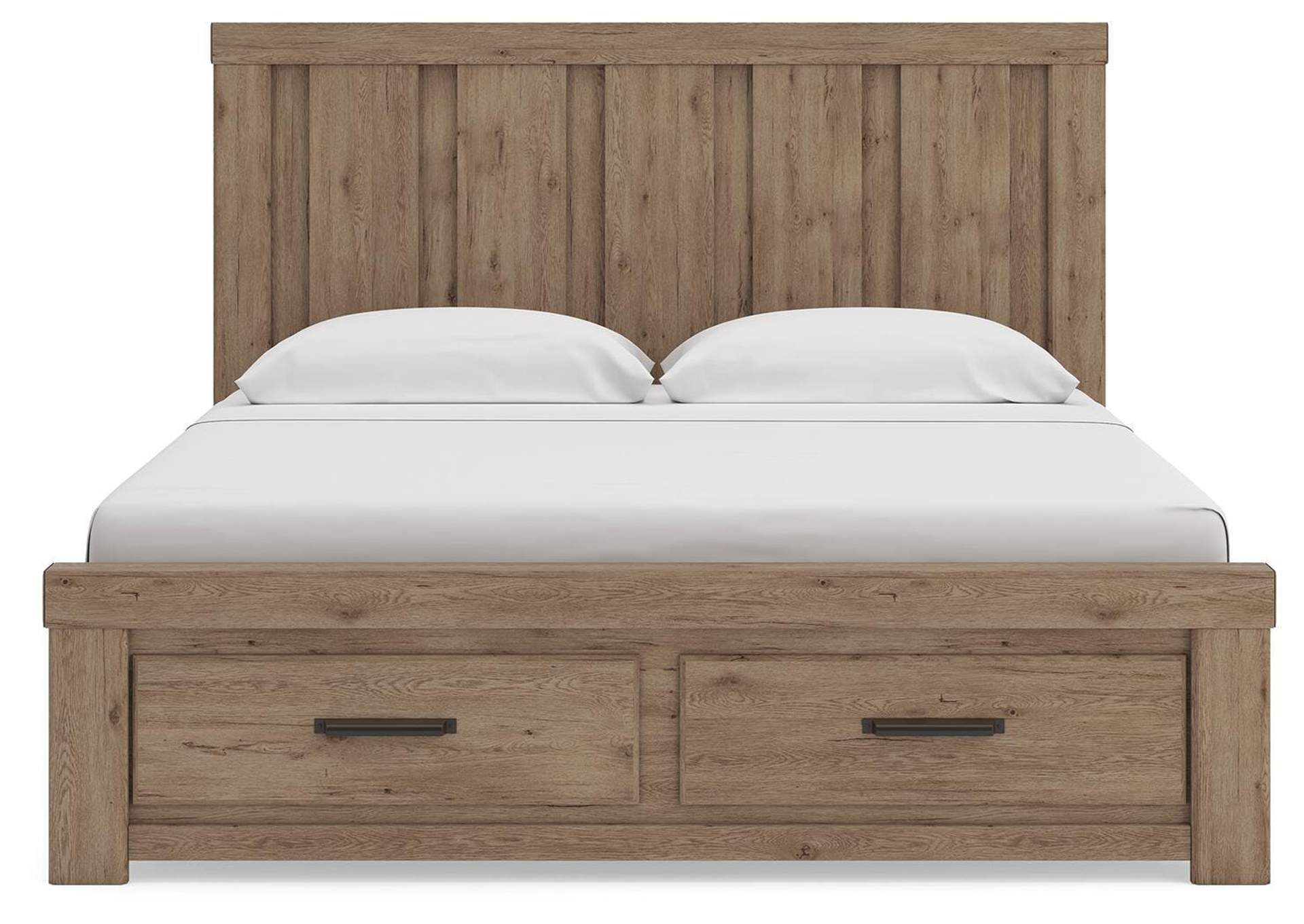 Garistyn King Panel Storage Bed. Dresser, Mirror and Nightstand front view