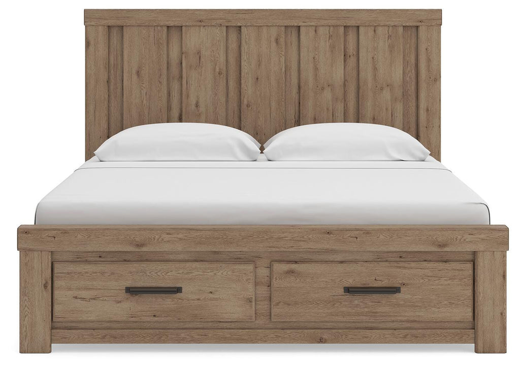 Oliandon King Panel Storage Bed in Light Brown, front view