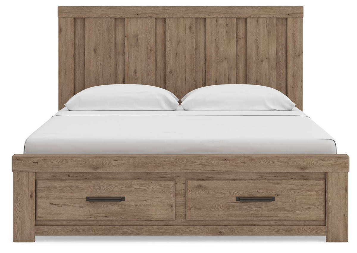 Oliandon King Panel Storage Bed in Light Brown, front view