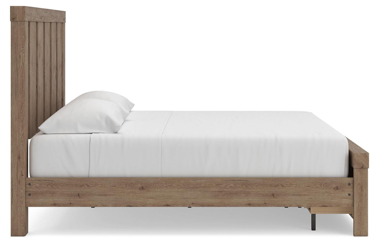 Oliandon King Panel Storage Bed in Light Brown, side view