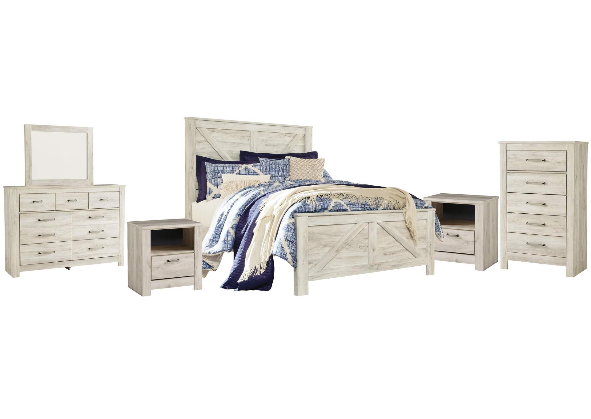 Bellaby Queen Crossbuck Panel Bed with Mirrored Dresser, Chest and 2 Nightstands