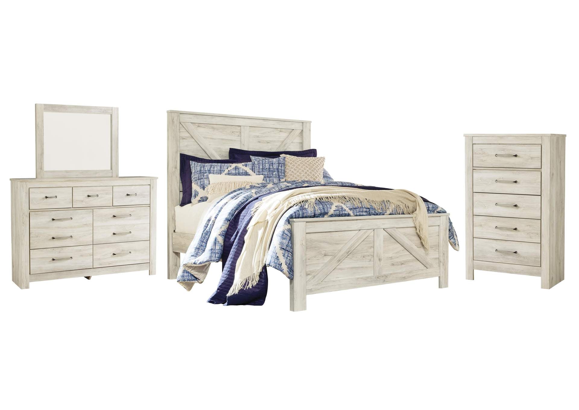 Bellaby Queen Crossbuck Panel Bed with Mirrored Dresser and Chest
