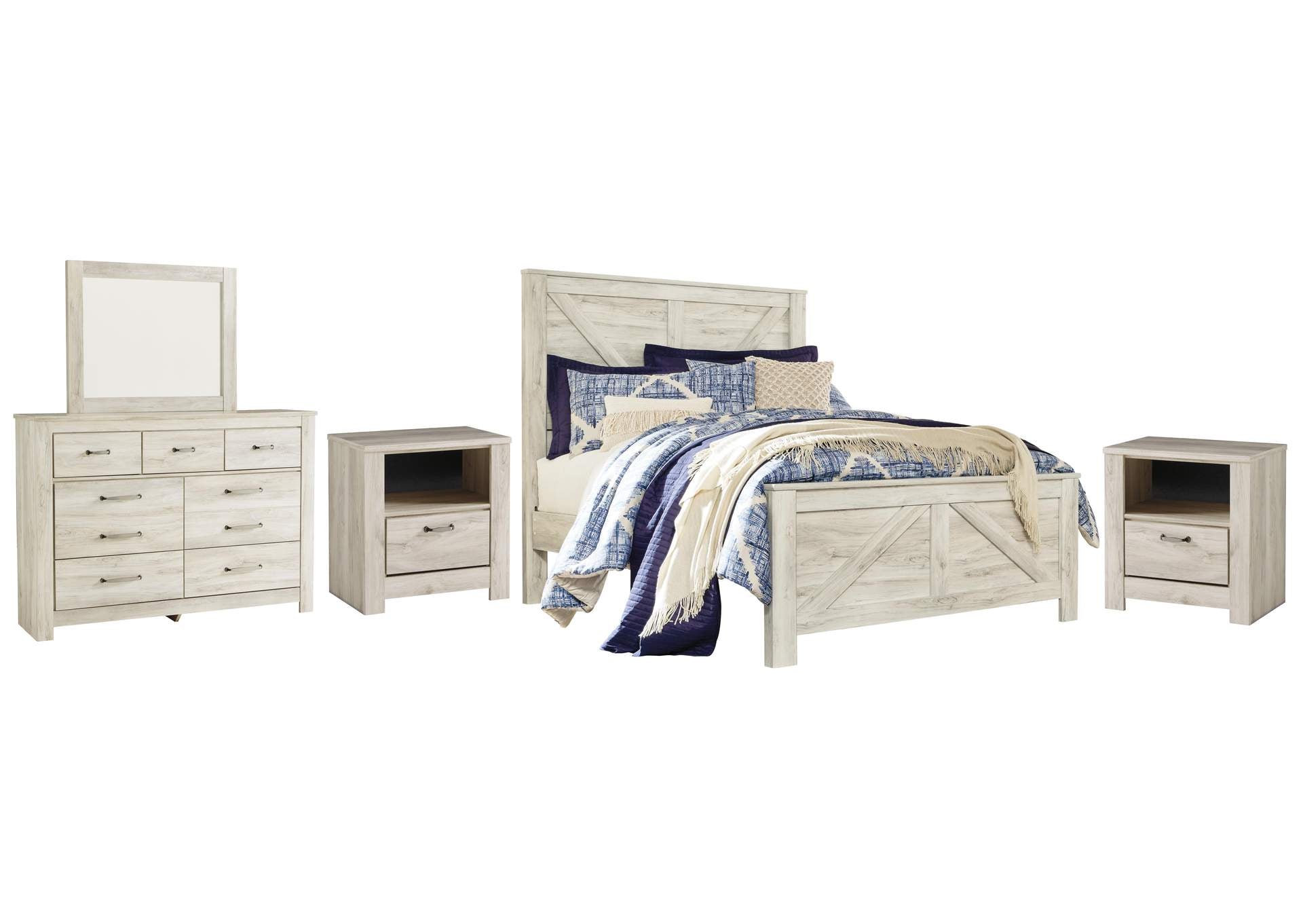 Bellaby Queen Crossbuck Panel Bed with Mirrored Dresser and 2 Nightstands