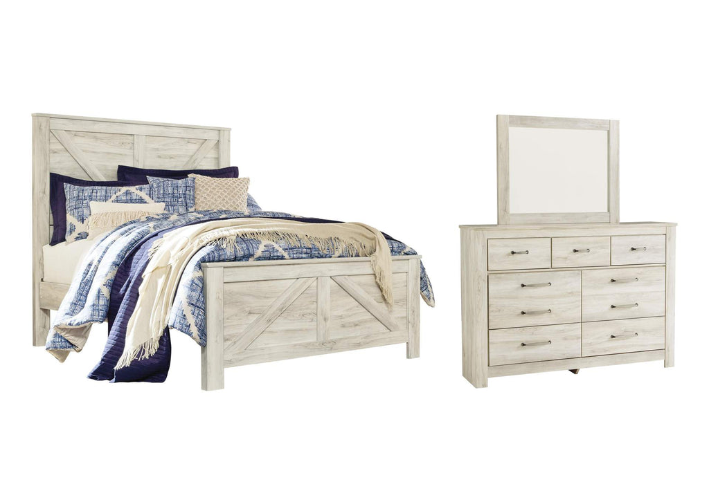 Bellaby Queen Crossbuck Panel Bed with Mirrored Dresser