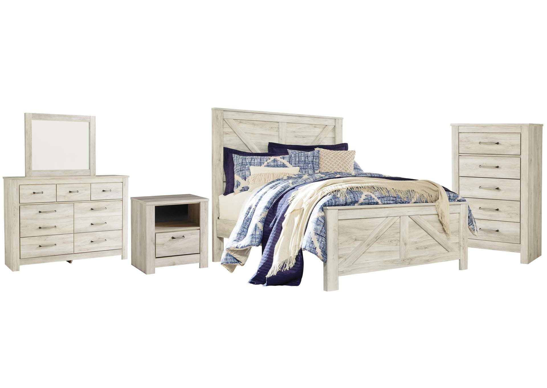 Bellaby Queen Crossbuck Panel Bed with Mirrored Dresser, Chest and Nightstand