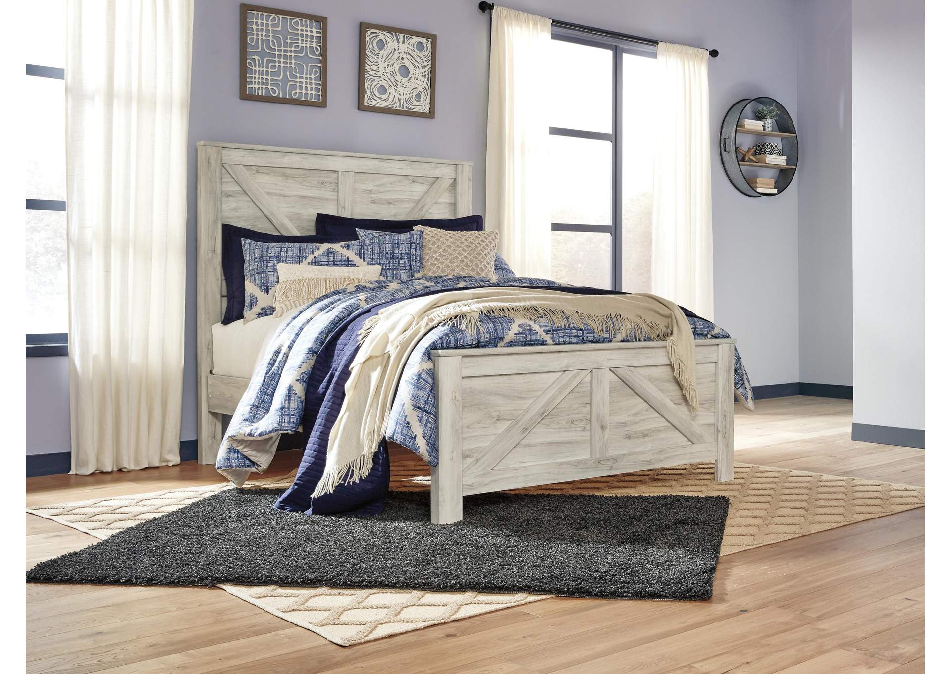 Bellaby Queen Crossbuck Panel Bed with Mirrored Dresser and Chest