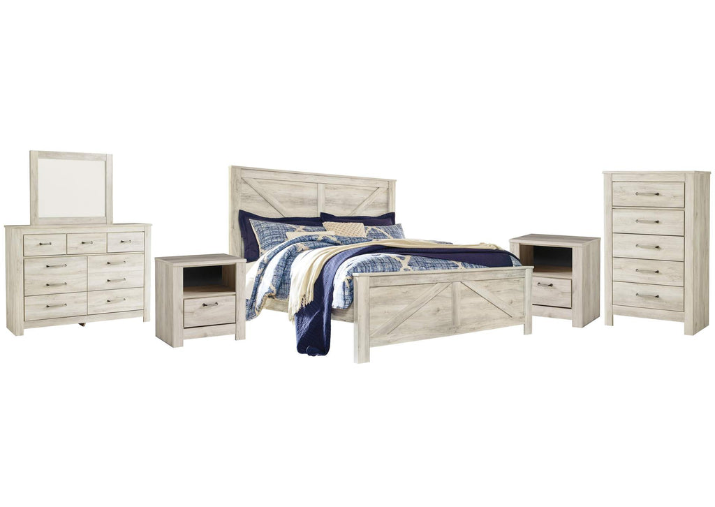 Bellaby King Crossbuck Panel Bed with Mirrored Dresser, Chest and 2 Nightstands